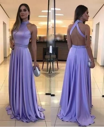 High Neck Lavender Prom Dresses with Beads