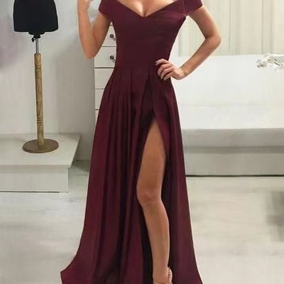 wine prom dresses off shoulder floor length