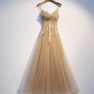 Yellow tulle lace long prom dress a line evening dress - Thumbnail 2