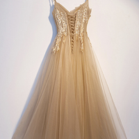 Yellow tulle lace long prom dress A line evening dress - Thumbnail 2