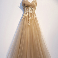 Yellow tulle lace long prom dress A line evening dress - Thumbnail 3