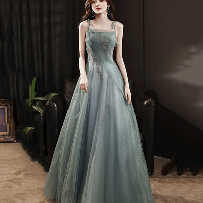Green tulle beads long prom dress a line evening dress - Thumbnail 4