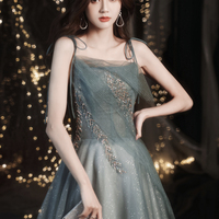 Green tulle beads long prom dress A line evening dress - Thumbnail 1