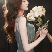 Green tulle beads long prom dress A line evening dress - Thumbnail 2