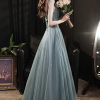 Green tulle beads long prom dress A line evening dress - Thumbnail 3