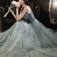 Green tulle beads long prom dress A line evening dress - Thumbnail 4