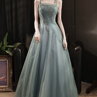 Green tulle beads long prom dress A line evening dress - Thumbnail 5