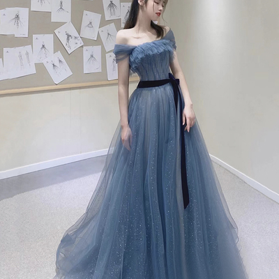 Blue tulle long prom dress blue evening dress - Thumbnail 3