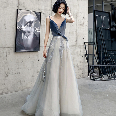 Gray v neck tulle long prom dress a line evening dress - Thumbnail 3