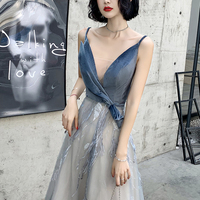 Gray v neck tulle long prom dress A line evening dress - Thumbnail 1