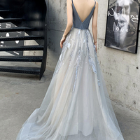 Gray v neck tulle long prom dress A line evening dress - Thumbnail 3