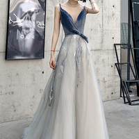 Gray v neck tulle long prom dress A line evening dress - Thumbnail 4