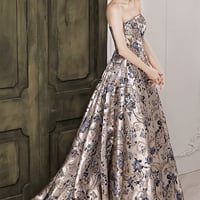 Elegant Printed Satin Long Ball Gown Formal Dress - Thumbnail 7