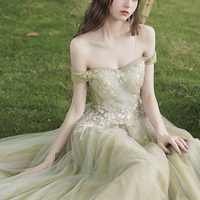 Green tulel lace long prom dress A line evening dress - Thumbnail 3