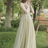 Green tulel lace long prom dress A line evening dress - Thumbnail 5