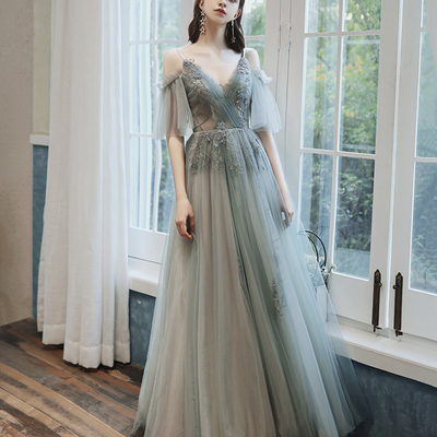 Cute tulle lace long prom dress a line evening dress - Thumbnail 1