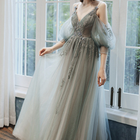 Cute tulle lace long prom dress A line evening dress - Thumbnail 1