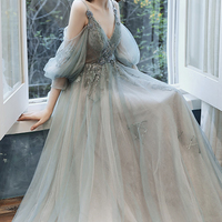 Cute tulle lace long prom dress A line evening dress - Thumbnail 2