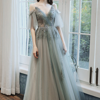 Cute tulle lace long prom dress A line evening dress - Thumbnail 3