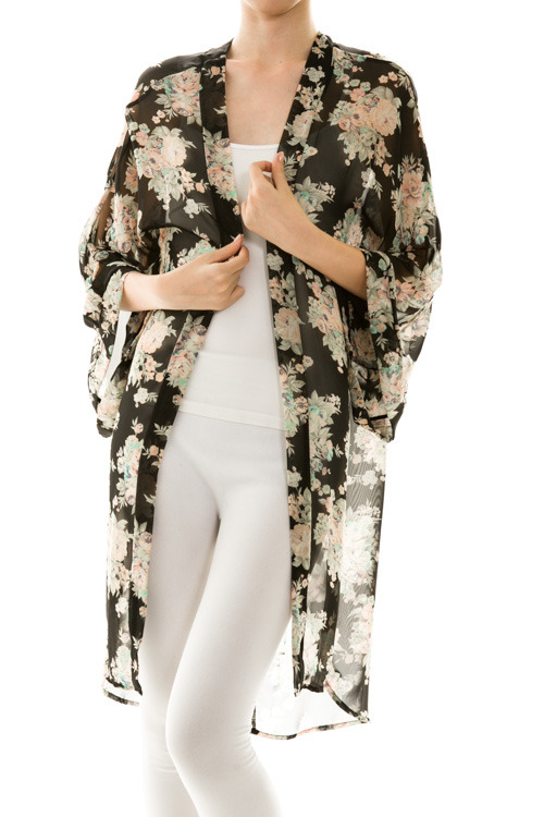 Long Vintage Floral Chiffon Kimono