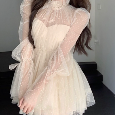 Mini dress woman solid vintage puff sleeve  - Thumbnail 4