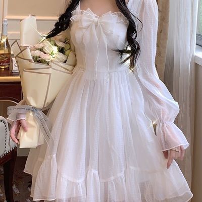 White elegant fairy dress women patchwork bow 
