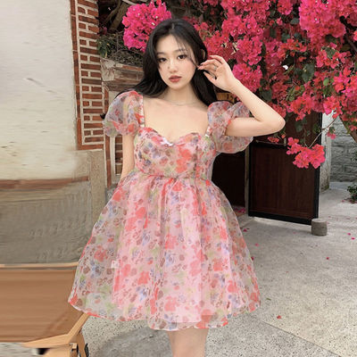 Floral sweet princess dress women vintage puff 