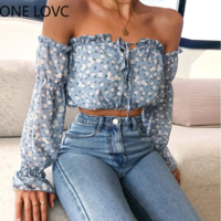 Women Off Shoulder Floral Print Tied Detail Blouse - Thumbnail 1