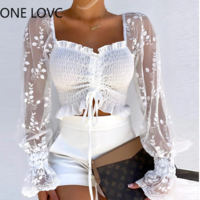 Women Shirring Detail Frill Hem Leaf Pattern - Thumbnail 1