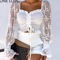 Women Shirring Detail Frill Hem Leaf Pattern - Thumbnail 3
