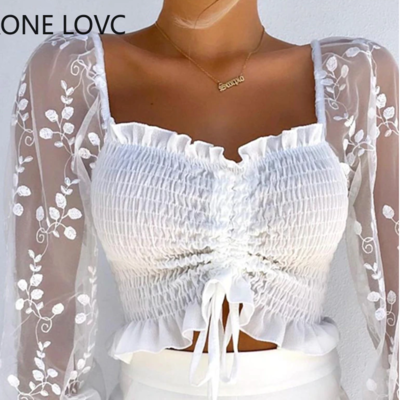 Women Shirring Detail Frill Hem Leaf Pattern