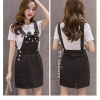 Women Suspender Dress Cartoon Cute Cat Embroidery - Thumbnail 5