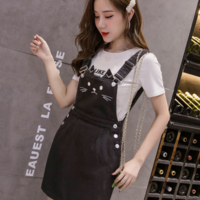 Women Suspender Dress Cartoon Cute Cat Embroidery - Thumbnail 1