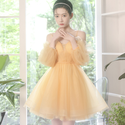 Yellow tulle short prom dress a line homecoming dress - Thumbnail 3
