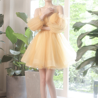 Yellow tulle short prom dress A line homecoming dress - Thumbnail 1