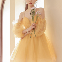 Yellow tulle short prom dress A line homecoming dress - Thumbnail 2