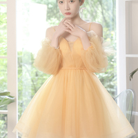 Yellow tulle short prom dress A line homecoming dress - Thumbnail 5