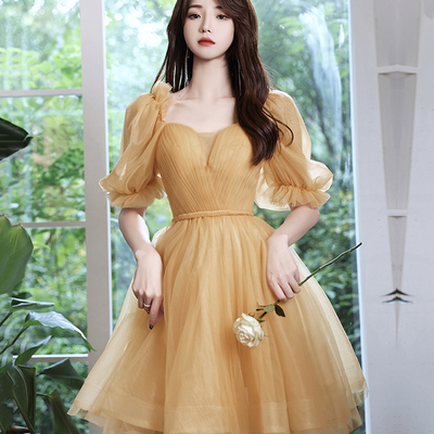Cute tulle short prom dress yellow evening dress - Thumbnail 1