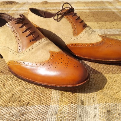 Decent wear men's two tone oxfords wingtip brogue leather suede lace up dress shoes - Thumbnail 2