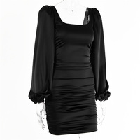 Women Mini Dress Solid Lantern Long Sleeve - Thumbnail 7