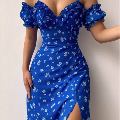 Sexy sling ruffle strapless slit party dress 
