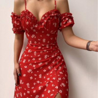 Sexy Sling Ruffle Strapless Slit Party Dress  - Thumbnail 2