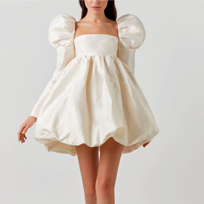 Fashion retro beige satin puff sleeve ball gown - Thumbnail 2
