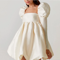 Fashion Retro Beige Satin Puff Sleeve Ball Gown - Thumbnail 3