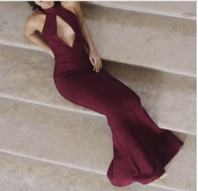 High Neck Prom Dresses Wine with Keyhole