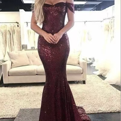 Off shoulder wine prom dresses sequins