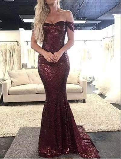 Off Shoulder Wine Prom Dresses Sequins