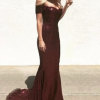 Off Shoulder Wine Prom Dresses Sequins - Thumbnail 1