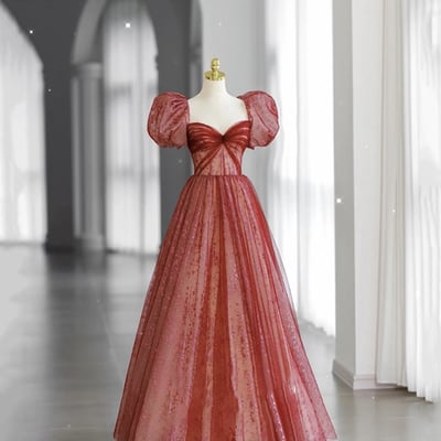 Red tulle sequins long prom dress a line evening dress - Thumbnail 2