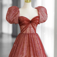 Red tulle sequins long prom dress A line evening dress - Thumbnail 1